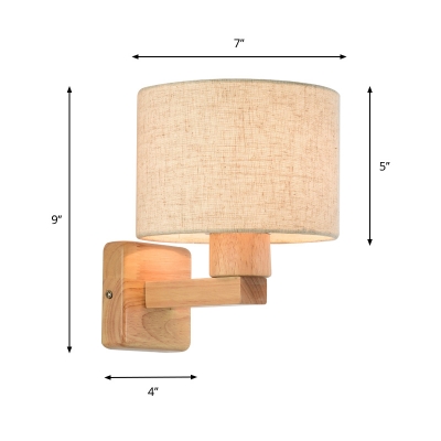 Drum Small Wall Lighting Fixture Nordic Fabric 1 Bulb Wood Sconce Lamp for Living Room