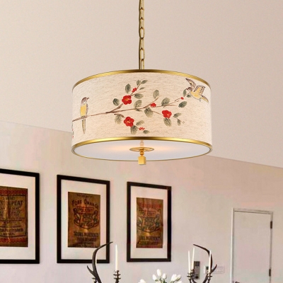 Fabric Beige Ceiling Pendant Drum 1 Head Romantic Pastoral Hanging Light Fixture with Floral and Bird Pattern