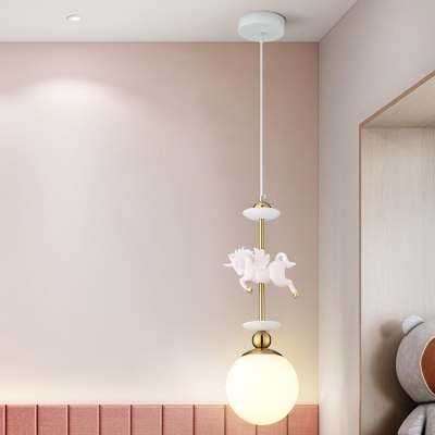 Frosted White Glass Globe Pendulum Light Cartoon 1-Bulb Pink Hanging Pendant with Unicorn Decoration