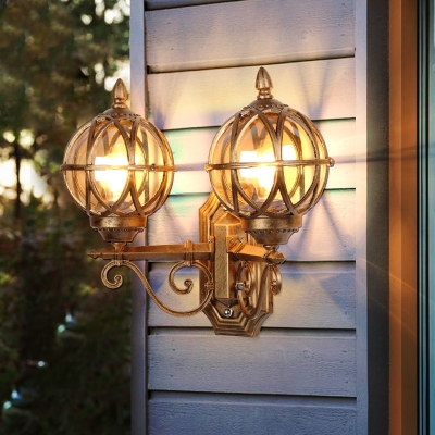 Globe Amber Glass Wall Lamp Retro 2-Light Outdoor Wall Lighting Fixture with Frame in Bronze/Black