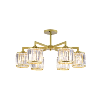 Gold 3/6-Head Ceiling Mount Chandelier Modernism Crystal Drum Semi Flush Light with Radial Arm