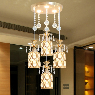 Gold Cylindrical Multi Light Pendant Modernism 4-Light K9 Crystal Down Lighting with Round Canopy