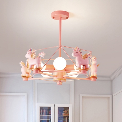 Horse/Flying Pig Shape Chandelier Light Cartoon Resin 5-Head Pink Finish Ceiling Hang Fixture with Pentagon Cage