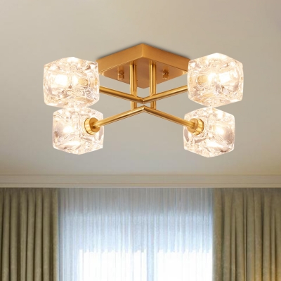 Ice Cube Bedroom Semi Flush Light Postmodern Crystal 4/6 Heads Brass Ceiling Mount Chandelier