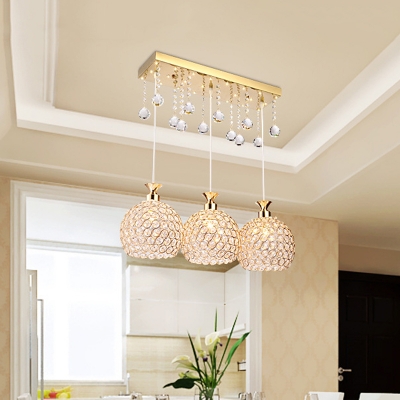 Inserted Crystal Globe Multi-Light Pendant Modernism 3-Light Hanging Ceiling Light in Gold