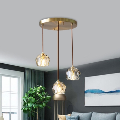 K9 Crystal Gold Drop Lamp Dome 3 Heads Simple Cluster Pendant Light with Round/Linear Canopy