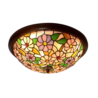 LED Foyer Ceiling Flush Tiffany Coffee Flush Mount Lamp with Peony Blossom Stained Glass Shade