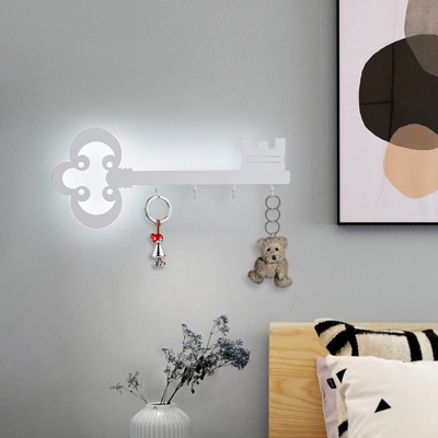 Magic Key Bedside Wall Lamp Acrylic Cartoon LED Flush Mount Wall Sconce with Hanging Hook in Black/Pink/White