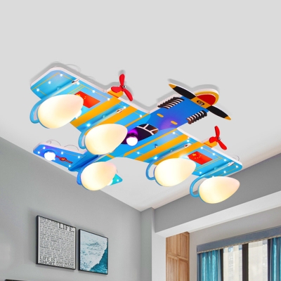 Metal Airplane Semi Flush Light Cartoon 4 Bulbs Blue Flush Mount Lighting for Kids Bedroom