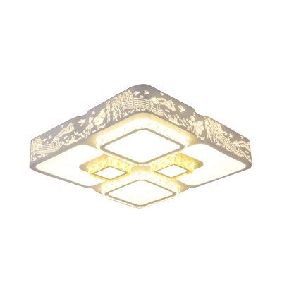 Modern Square Ceiling Lamp LED Crystal Flush Mount Light in White with Landscape Pattern