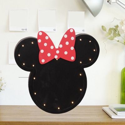 Mouse Wearing Bow Knot Small Wall Lamp Cartoon Wood Black/White Battery LED Nightstand Light