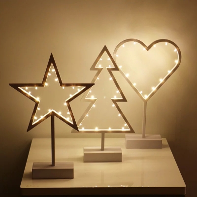 Nordic Style LED Night Stand Light White Star/Loving Heart/Christmas Tree Battery Table Lighting with Plastic Frame