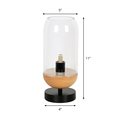Open-Top Capsule Clear Glass Table Light Nordic 1 Head Wood and Black Nightstand Lamp