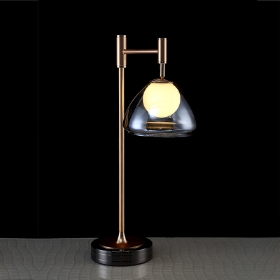 Orb Milky Glass Night Light Postmodernism Single Brass Table Lighting with Exterior Triangle Smoke/Cognac Glass Shade