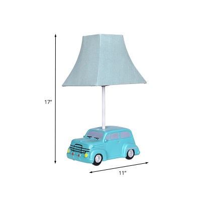 Pagoda Fabric Table Lamp Kids Single Bulb Blue Nightstand Light with Car Base for Boy Bedroom