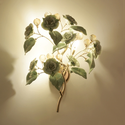 Pastoral Rose Wall Sconce Lamp 3 Bulbs Ceramic Wall Light with Crystal Accent in White/Red/Green