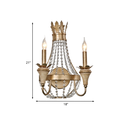 Pear Shaped Crystal Beaded Sconce Countryside 2 Heads Corner Wall Lighting Ideas with Candle Design in Gold