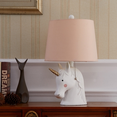 Pink Drum Desk Lamp Kids 1-Head Fabric Nightstand Lighting with Resin Unicorn Base