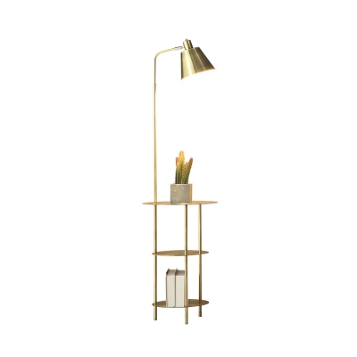 Post-Modern Cone Floor Standing Light Metal Single Sitting Room Adjustable Reading Floor Lamp with 3-Tier Rack in Gold