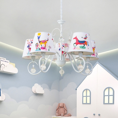 Printed Fabric Conical Suspension Lamp Cartoon Style 5 Bulbs White Chandelier Pendant with Scroll Arm and Crystal Drop