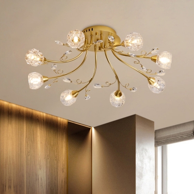 Radial Dining Room Semi Flush Light Postmodern Crystal 8 Heads Gold Ceiling Mount Chandelier