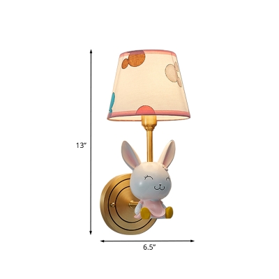 Resin Smiling Rabbit Wall Light Fixture Cartoon 1 Head Gold-White Sconce Lamp with Cone Fabric Shade