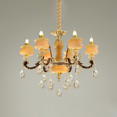 Retro Candle Style Chandelier 6/8 Lights Amber Glass Hanging Lamp in Gold with Faceted Crystal Drops