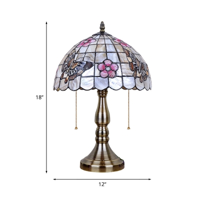 Shell Brushed Brass Pull Chain Table Lamp Lattice Bowl 2 Lights Victorian Butterfly and Petal Patterned Nightstand Lighting