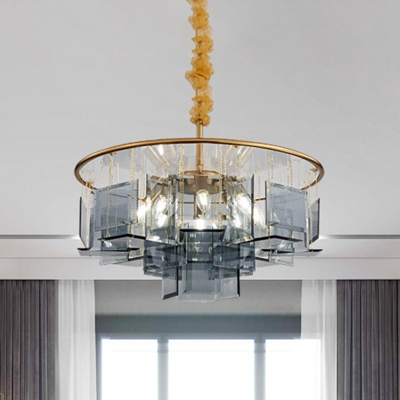 Square Crystal Smoke Grey Chandelier Drum 8 Bulbs Modernism Pendant Lighting Fixture
