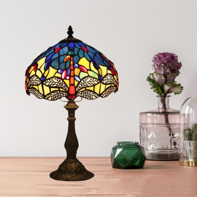 Stained Glass Bronze Desk Lamp Bowl 1 Light Tiffany Style Dragonfly Patterned Night Light