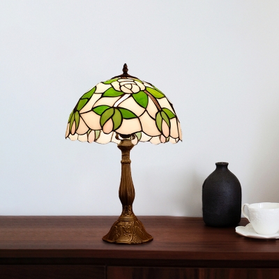 Stained Glass Domed Table Lighting Tiffany Style 1-Light Bronze Rose Patterned Night Lamp