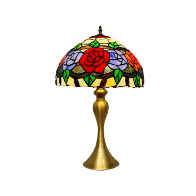 Tiffany-Style Rose Blossom Table Light 1 Bulb Stained Glass Night Lamp with Gold Curved Base