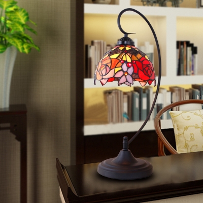 Victorian Bowl Night Lighting 1-Head Stained Glass Nightstand Lamp in Black with Rose Pattern