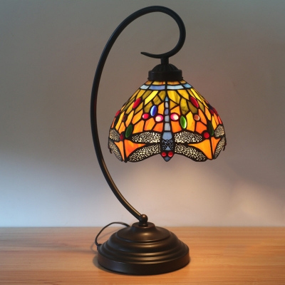 Victorian Dragonfly Desk Lighting 1-Light Cut Glass Nightstand Light in Orange/Green with Curvy Arm for Bedroom