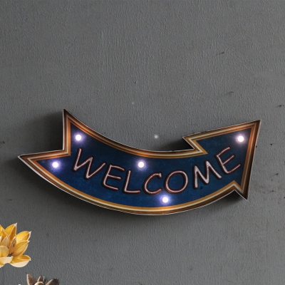 WELCOME Arrow Signboard Wall Light Vintage Metal Blue LED Night Lamp for Home Decor