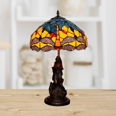Yellow/Blue Dragonfly Night Table Lighting Baroque 1 Head Hand Cut Glass Flower Patterned Desk Light with Resin Godness Base