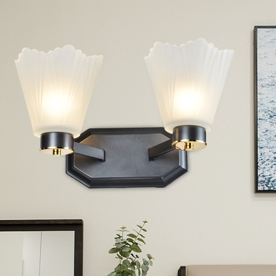 1/2 Heads Wall Sconce Light Traditional Black Finish Frosted Glass Wall Mount Lamp with Wavy Design