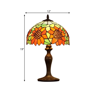 1 Bulb Bedroom Night Lamp Baroque Dark Brown Sunflower Patterned Nightstand Light with Dome Stained Glass Shade