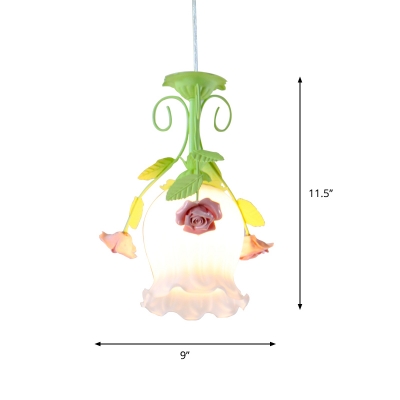 1-Bulb Ceiling Suspension Lamp Countryside Blossom Opal Glass Hanging Light Fixture with Pink Rose Deco