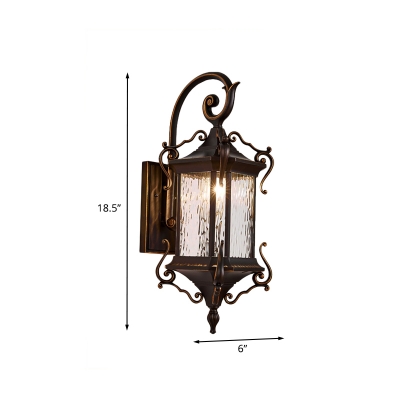 1-Bulb Wall Mounted Lighting Classic Outdoor Sconce Light Fixture with Rectangle Clear Water Glass Shade in Coffee