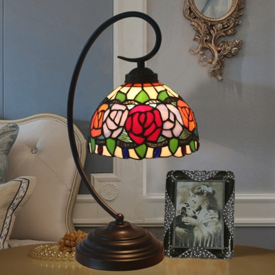 1-Head Desk Light Tiffany Dome Shaped Stained Glass Rose Patterned Table Lighting in Red/Pink/Brown for Bedroom