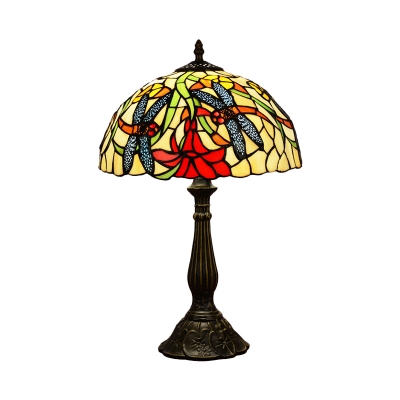 1 Head Nightstand Light Baroque Bowl Shade Hand Cut Glass Dragonfly and Red Flower Patterned Table Lamp in Bronze