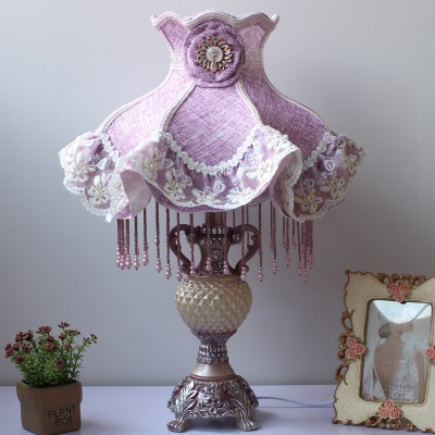 1-Light Ruffle Dress Table Lighting Pastoral Purple Fabric Nightstand Lamp with Draping