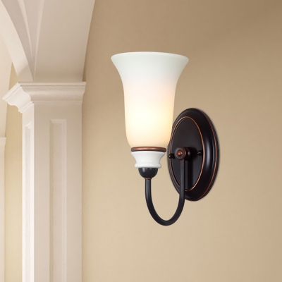 1-Light Sconce Light Fixture Rural Bedroom Wall Mount Lighting with Cone Opal Glass Shade in Black