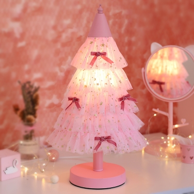 1-Light Table Lighting Korean Garden Christmas Tree Fabric Nightstand Lamp in Pink