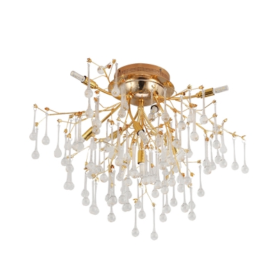 10 Heads Clear Crystal Semi Flush Traditional Gold Teardrop Living Room Ceiling Light
