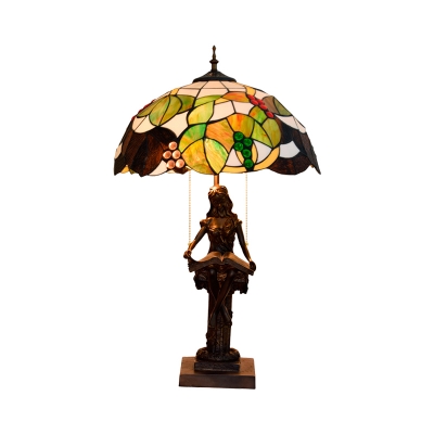 2 Heads Dome Night Lamp Mediterranean Coffee Stained Art Glass Reading Girl Table Lighting with Pull Chain