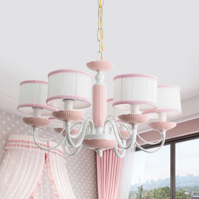 3/6 Heads Bedroom Hanging Lamp Macaron Pink/Blue Finish Ceiling Chandelier with Drum Fabric Shade