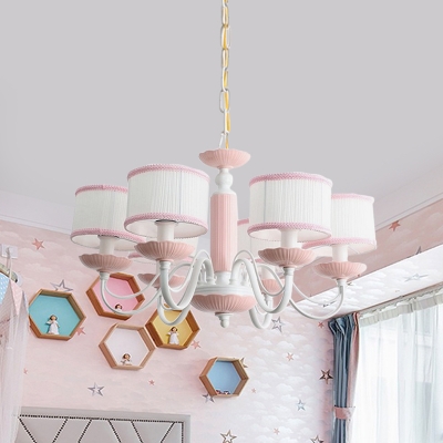 3/6 Heads Bedroom Hanging Lamp Macaron Pink/Blue Finish Ceiling Chandelier with Drum Fabric Shade