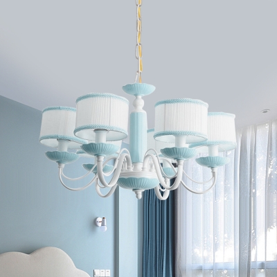 3/6 Heads Bedroom Hanging Lamp Macaron Pink/Blue Finish Ceiling Chandelier with Drum Fabric Shade